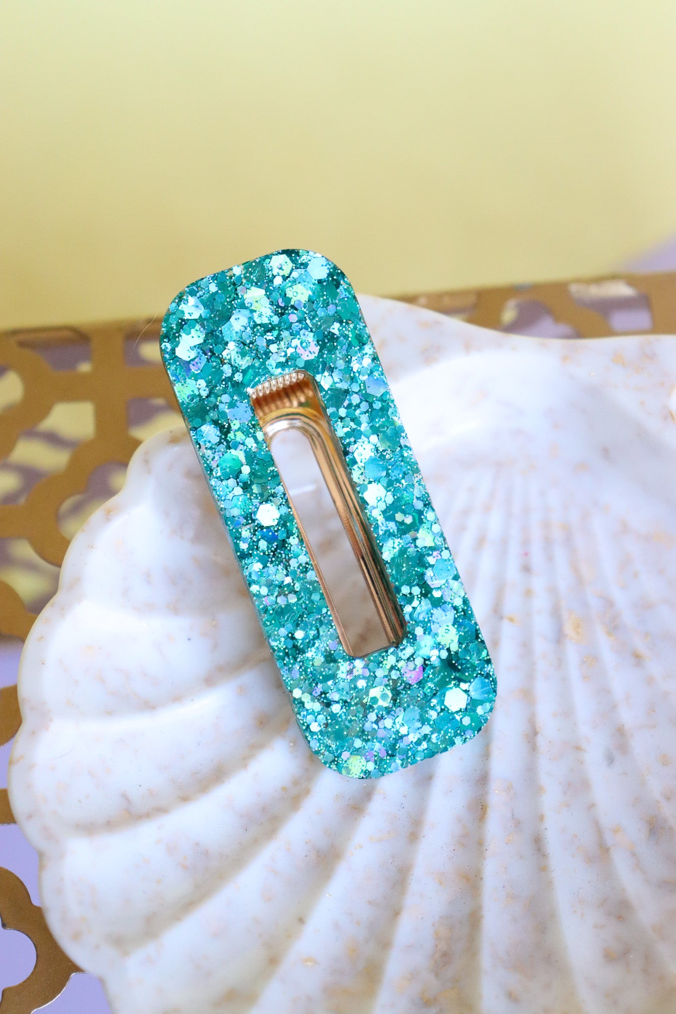 Barrette rectangle paillettes turquoises