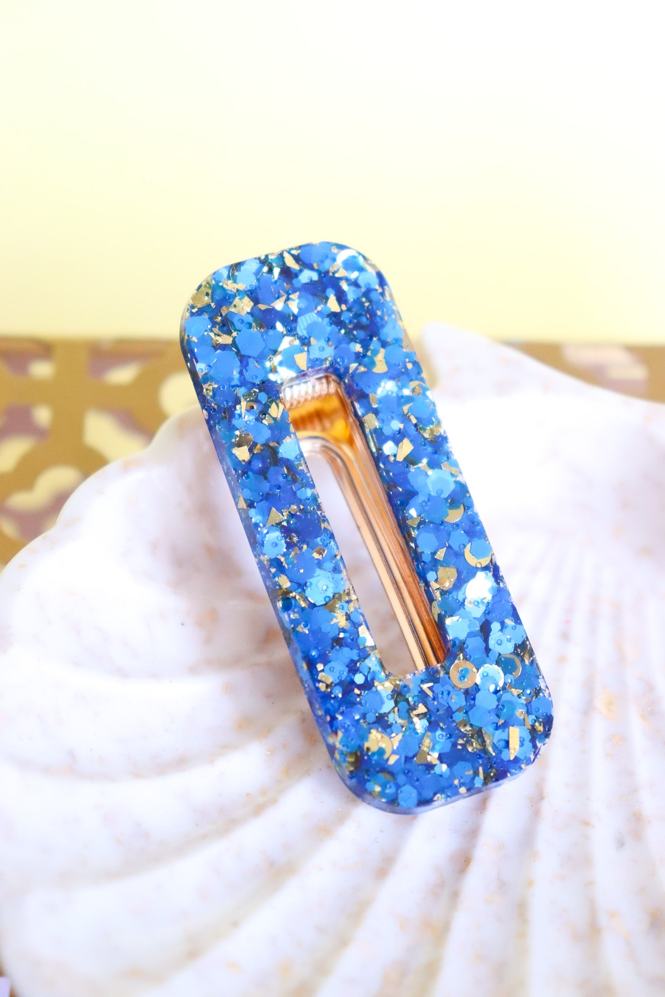 Barrette rectangle paillettes bleues et or