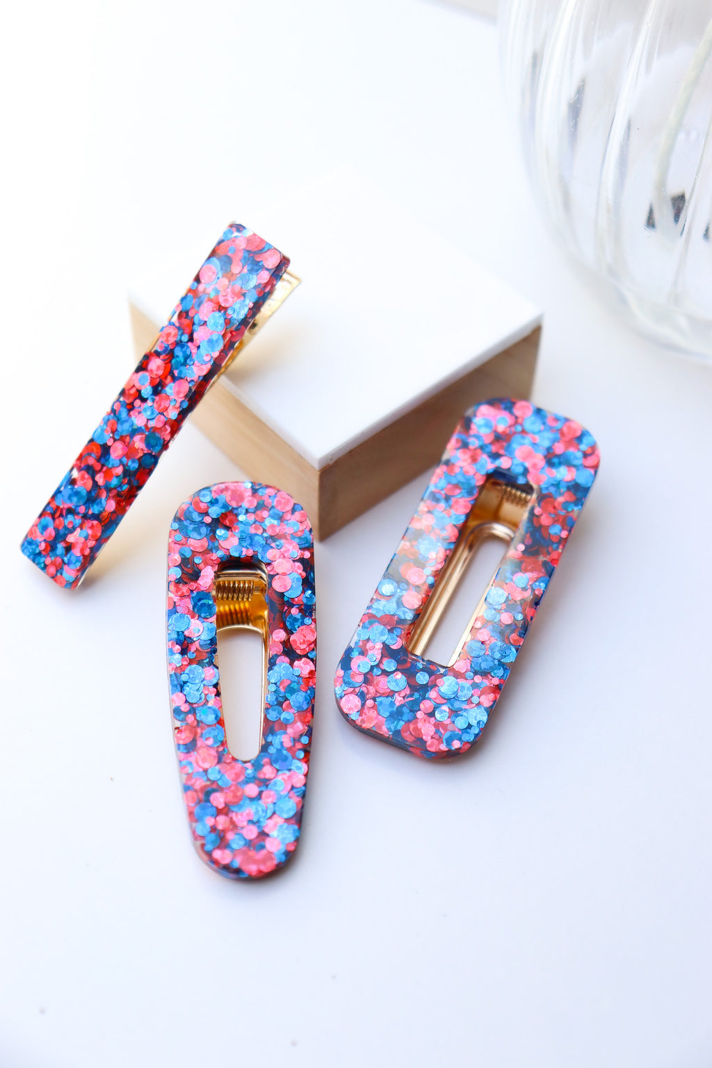 Barrette Paillettes Joie Bleu et Rouge