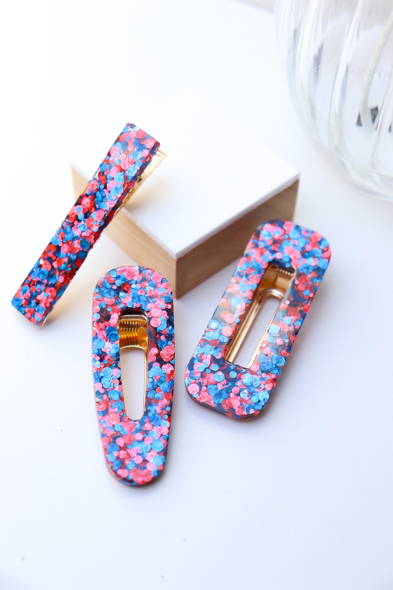 Barrette Paillettes Joie Bleu et Rouge