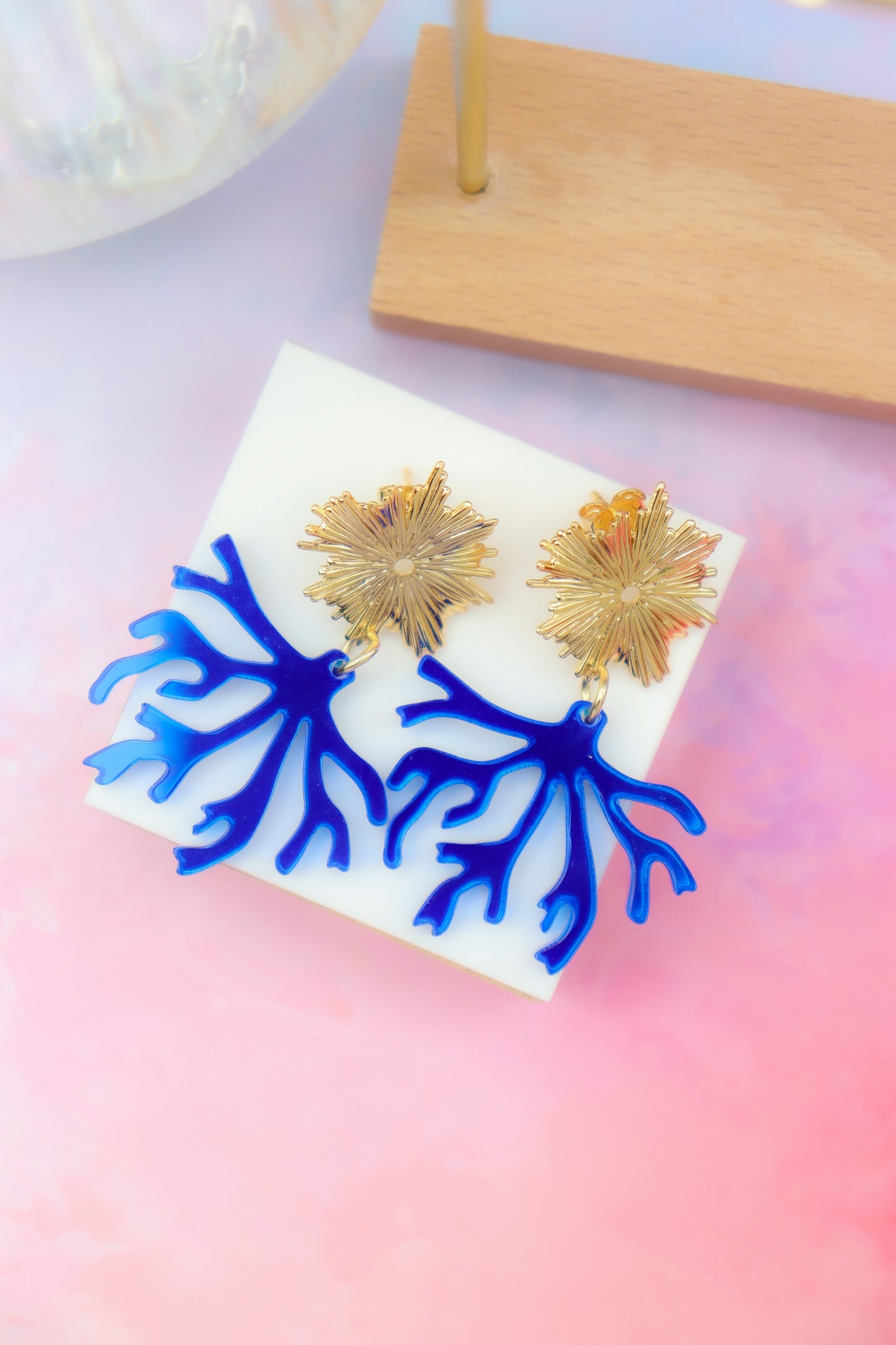 Boucles d'oreilles Corail Miroir Bleu