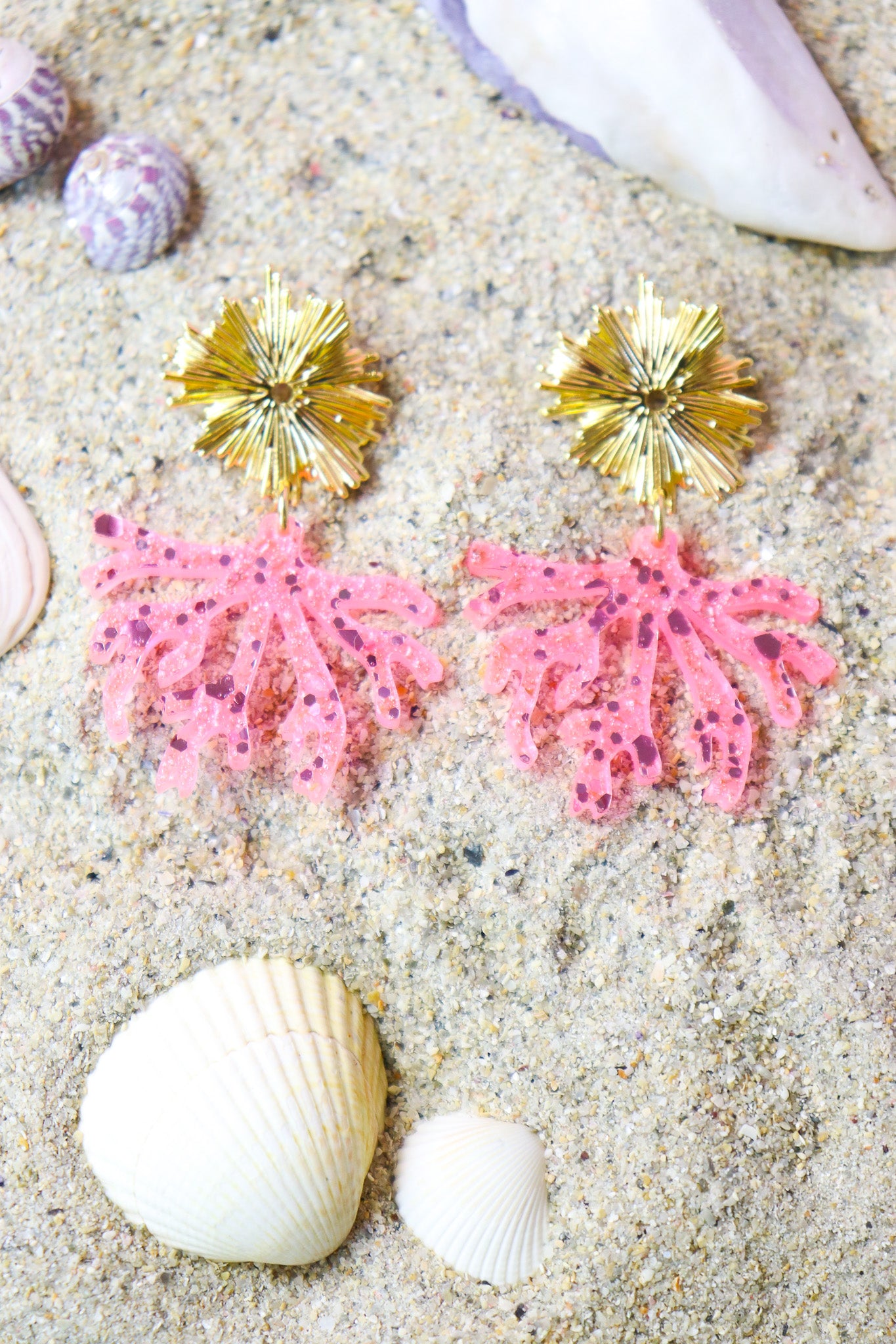 Boucles d'oreilles Corail Paillettes rose fluo