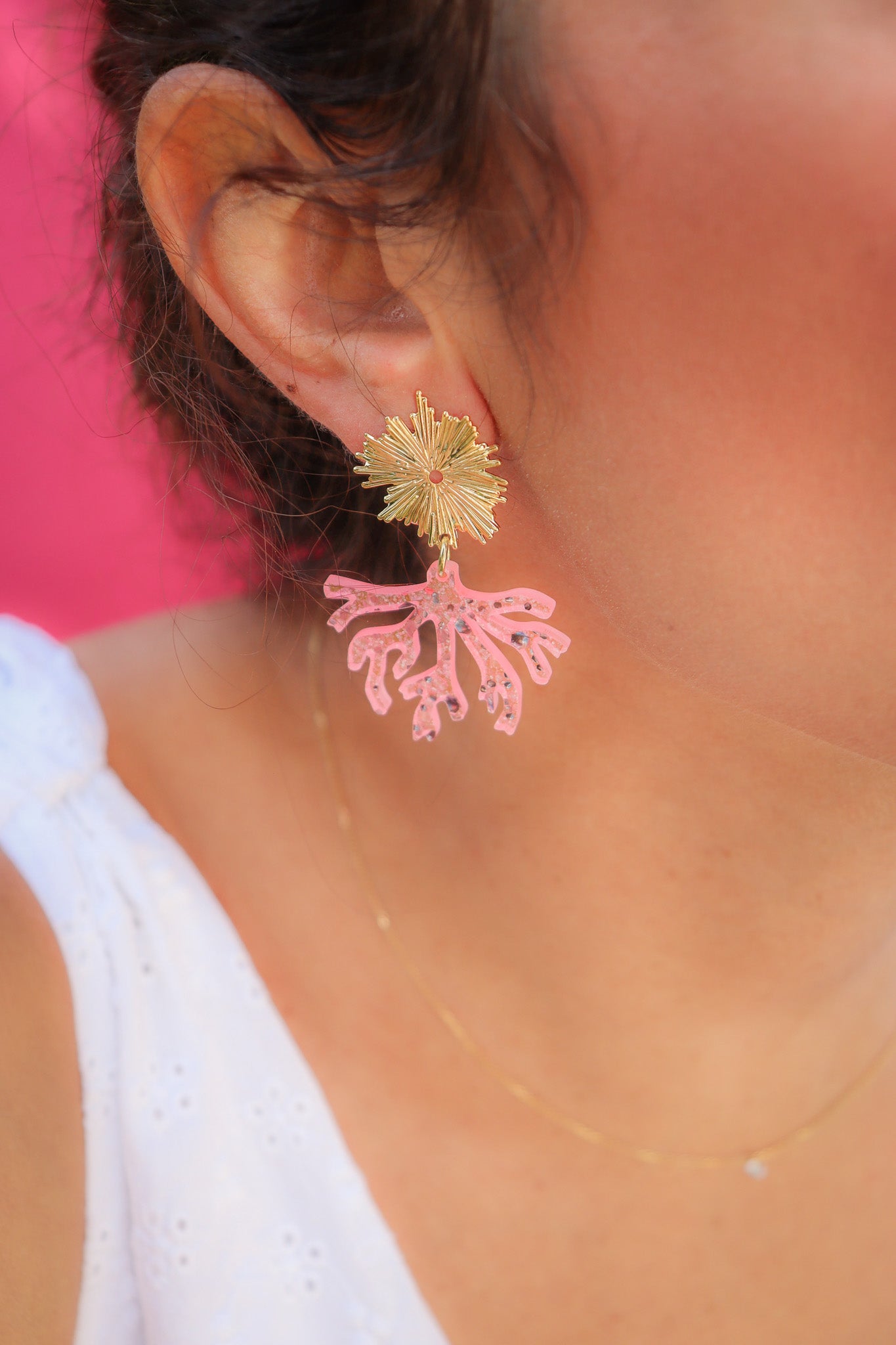 Boucles d'oreilles Corail Paillettes rose fluo