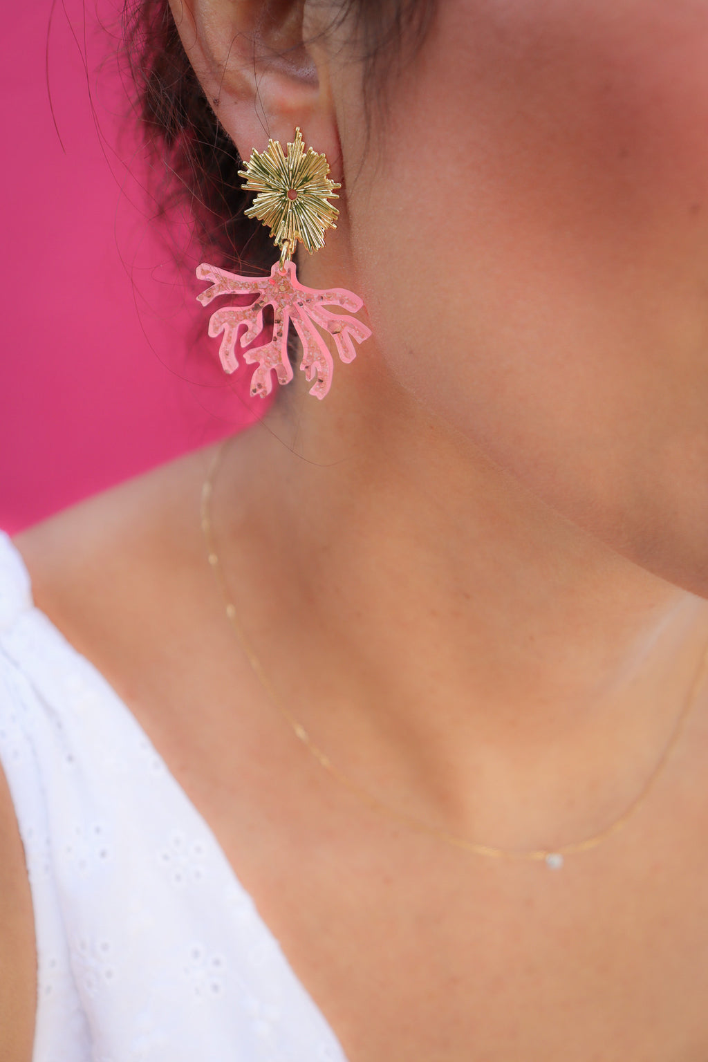 Boucles d'oreilles Corail Paillettes rose fluo
