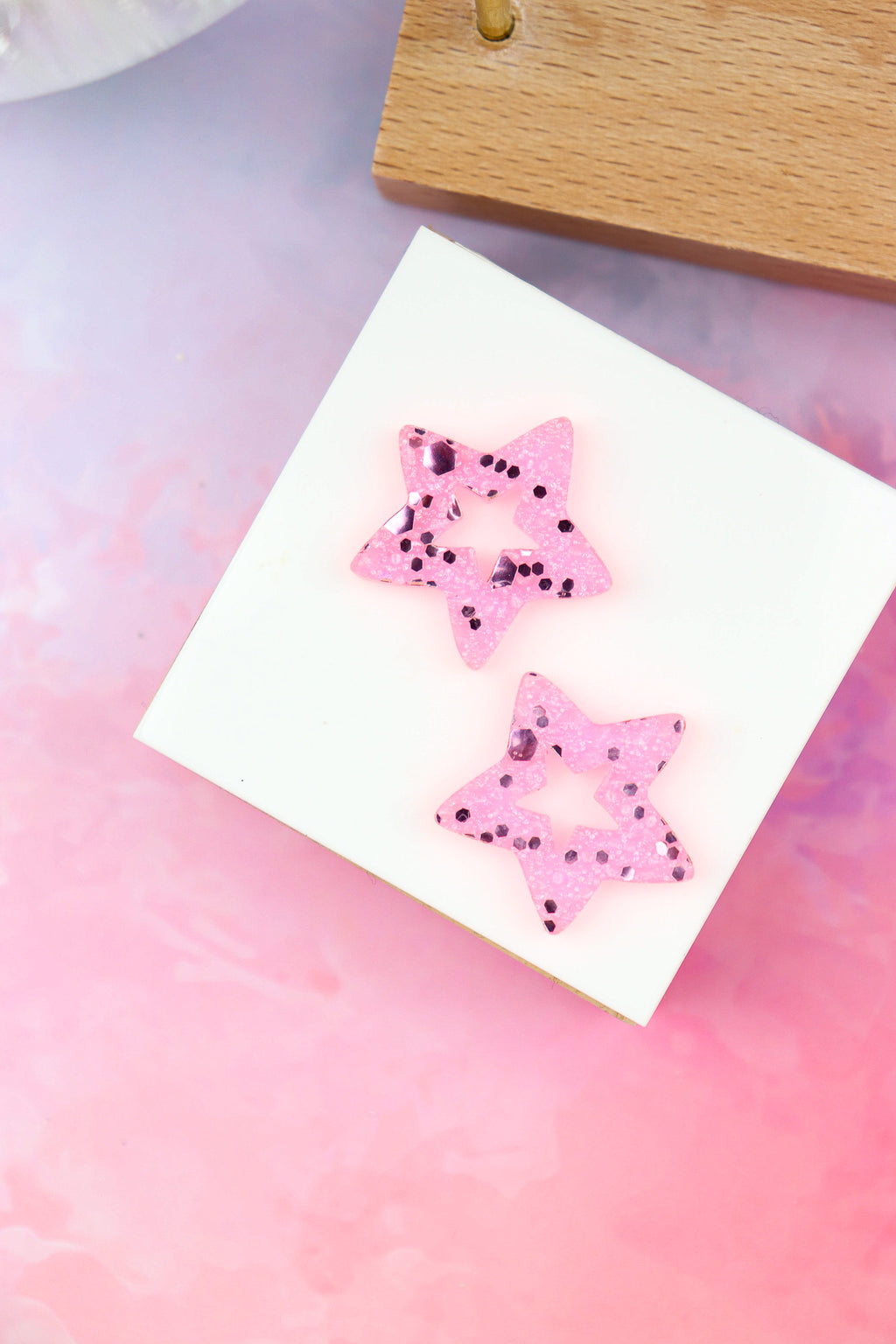 Créoles Star Paillettes Roses Fluo