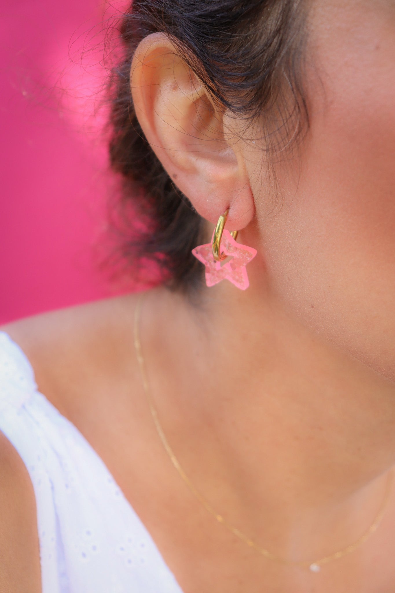 Créoles Star Paillettes Roses Fluo