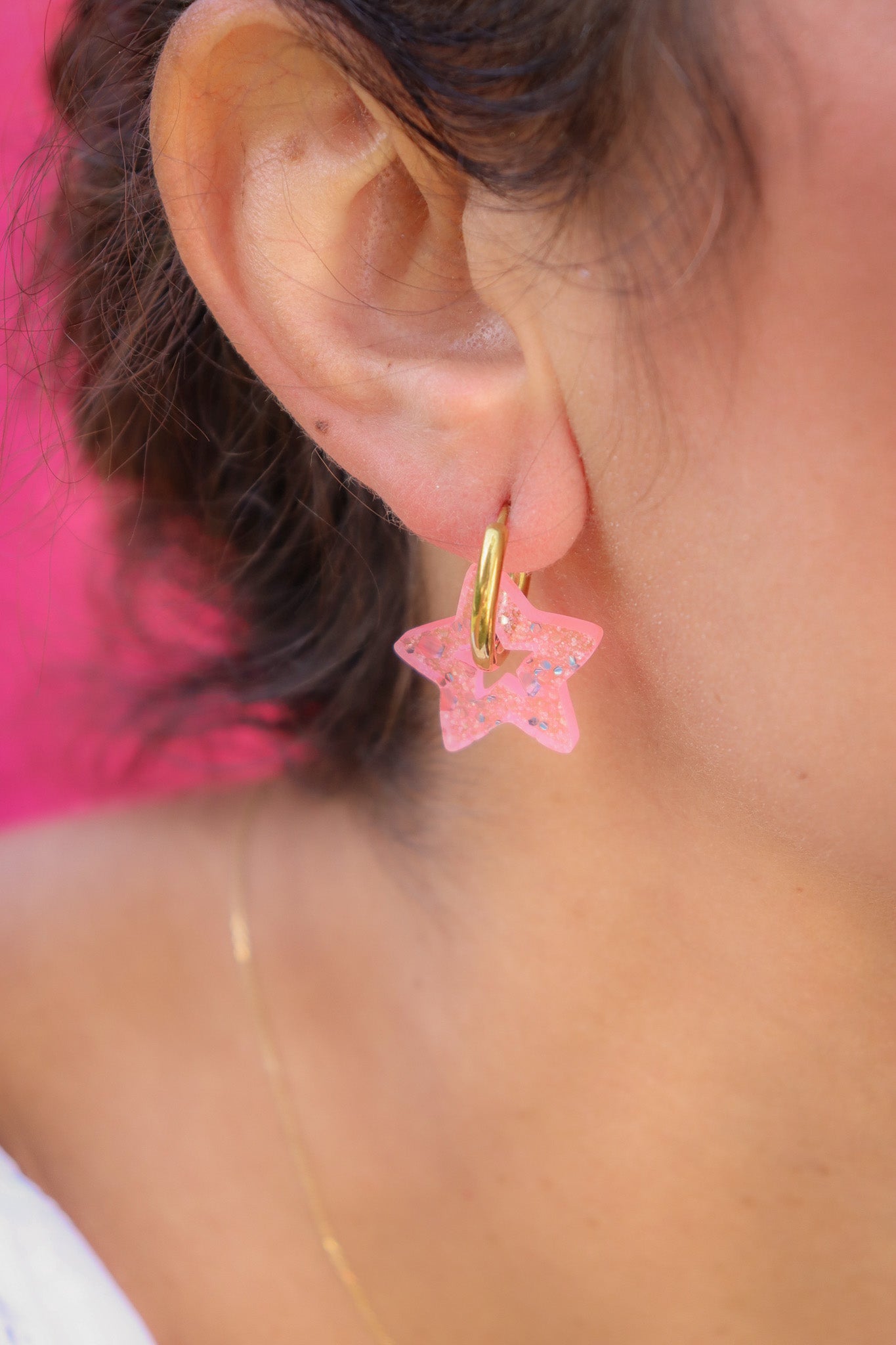Créoles Star Paillettes Roses Fluo