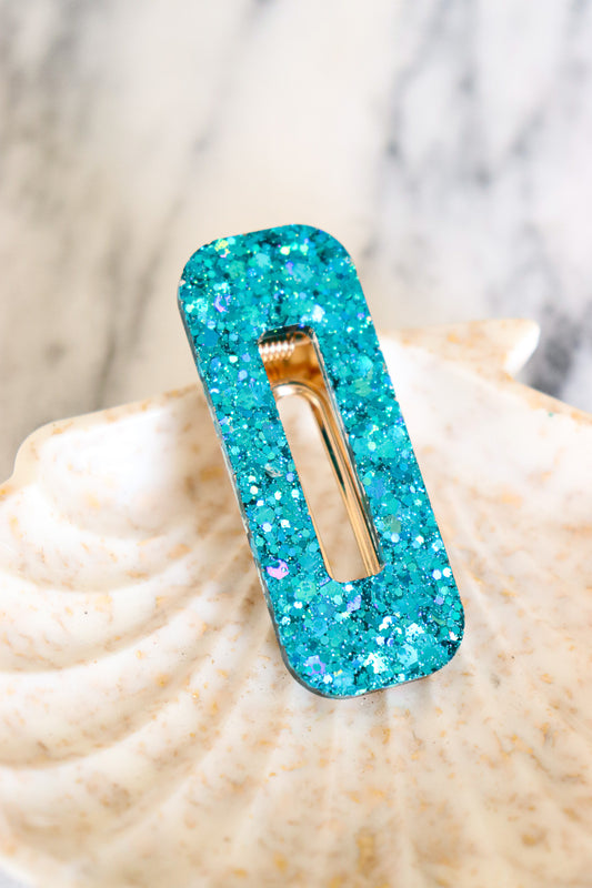 Barrette rectangle paillettes aqua