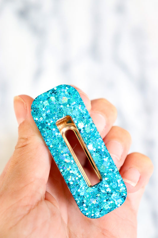 Barrette rectangle paillettes aqua