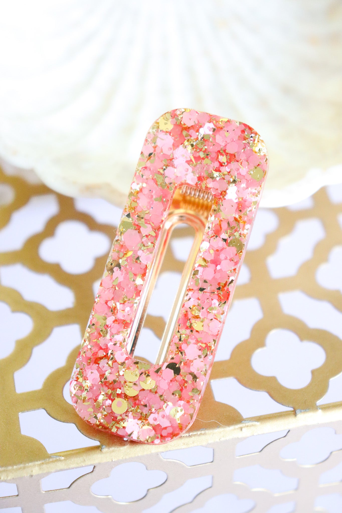 Barrette rectangle paillettes roses et or
