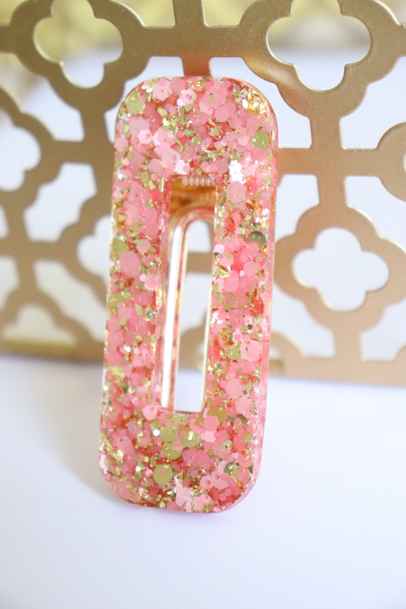 Barrette rectangle paillettes roses et or