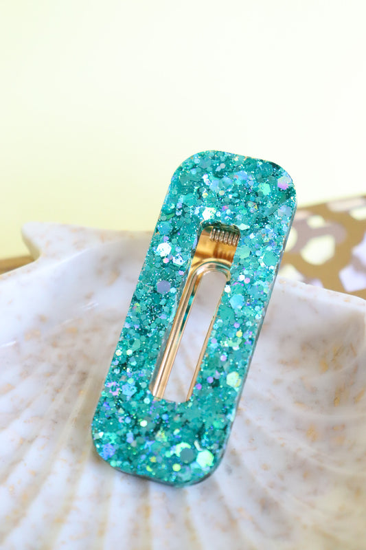Barrette rectangle paillettes turquoises