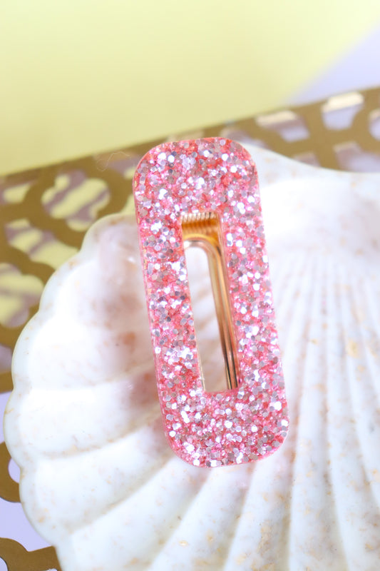 Barrette rectangle paillettes roses argent