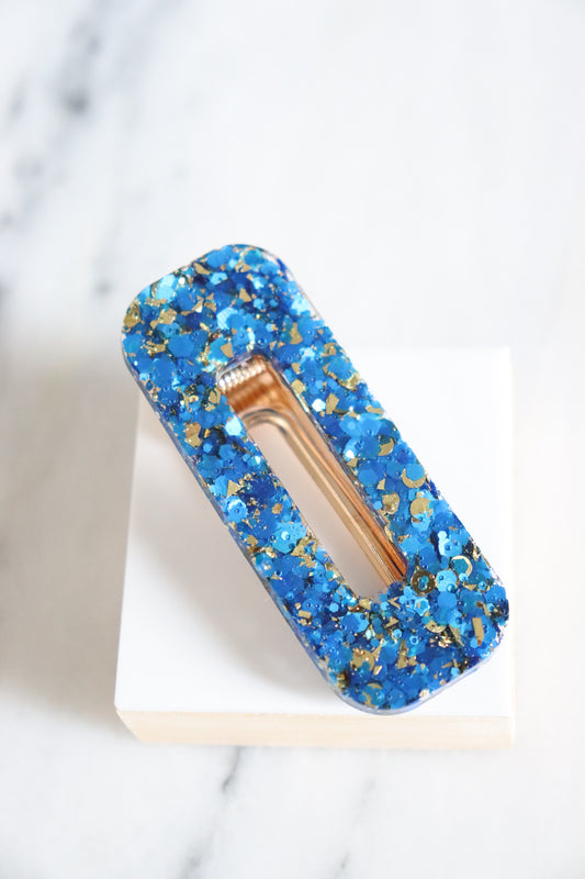 Barrette rectangle paillettes bleues et or