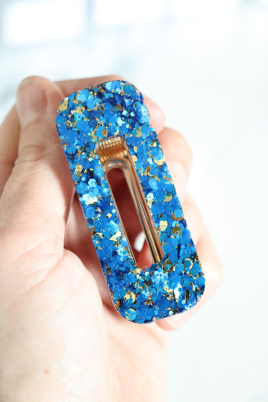 Barrette rectangle paillettes bleues et or