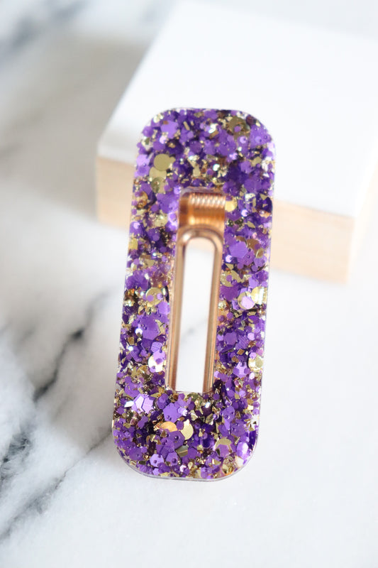 Barrette rectangle paillettes violettes et or