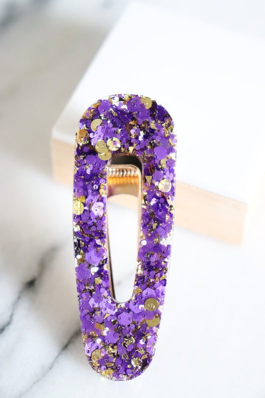 Barrette triangle paillettes violettes et or