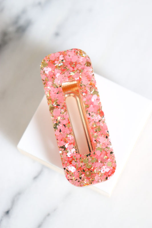 Barrette rectangle paillettes roses et or