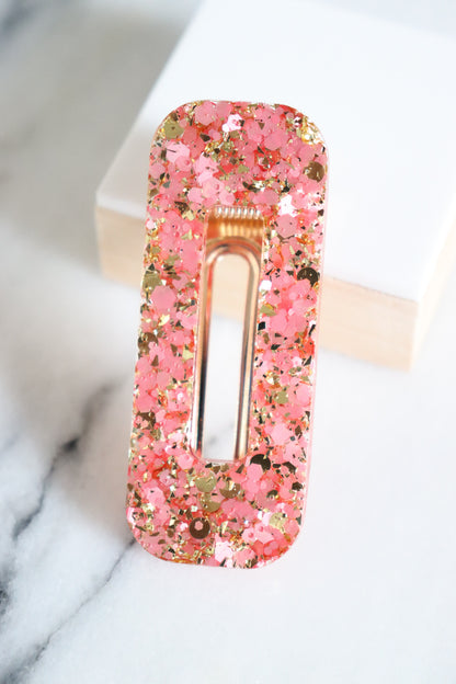 Barrette rectangle paillettes roses et or