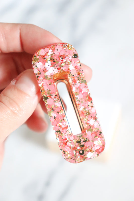 Barrette rectangle paillettes roses et or